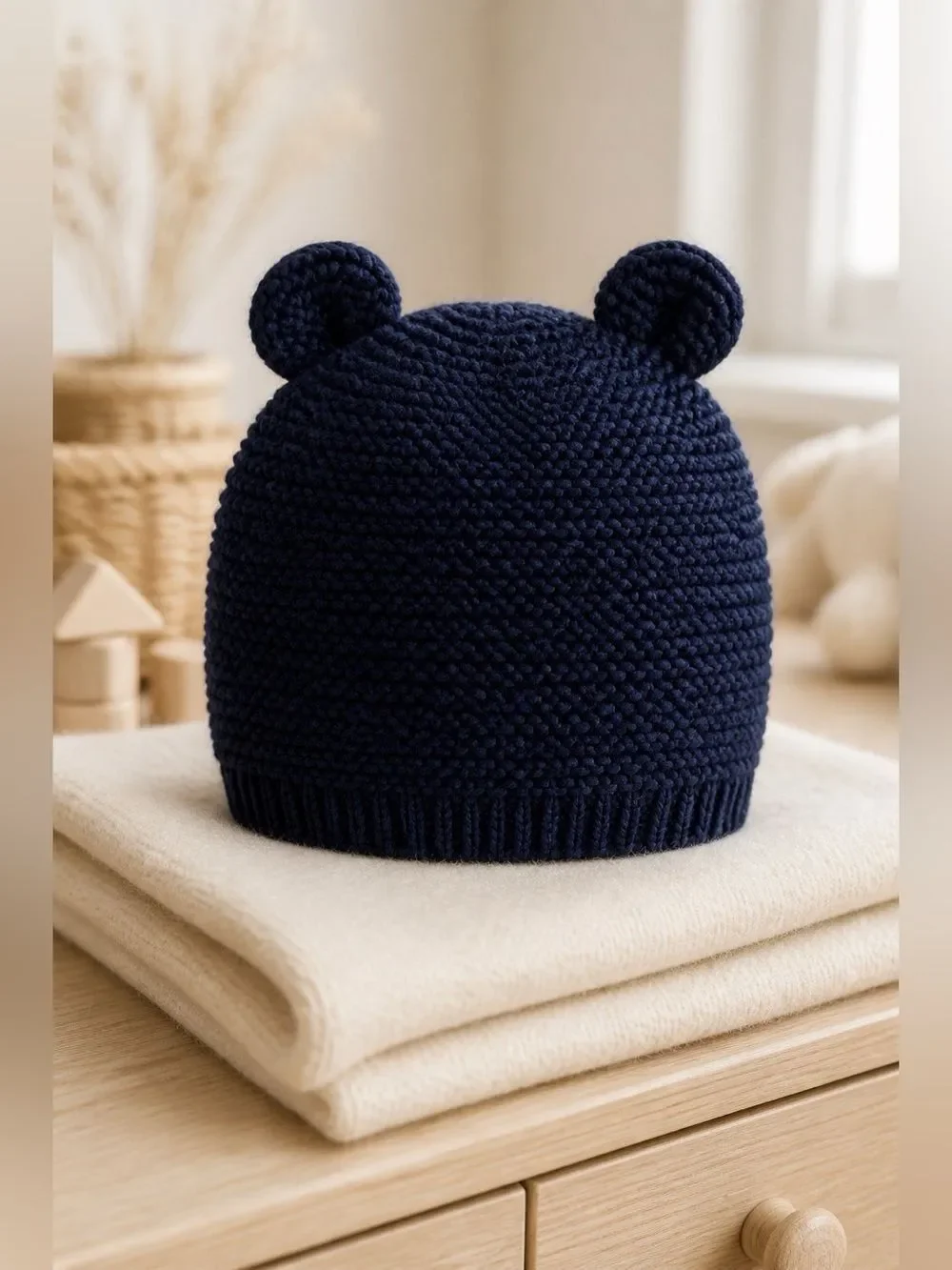 Navy Blue Knit Kids Beanie with Ears